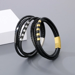 Men's multilayer braided leather bracelets with silver and gold magnetic metal clasps