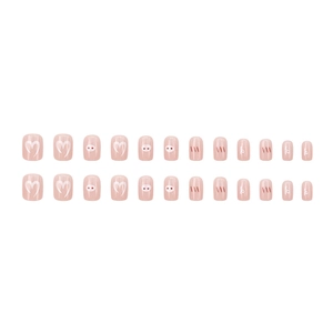 Cute pink peach press-on nails with cartoon pig and heart patterns set of 24 pieces