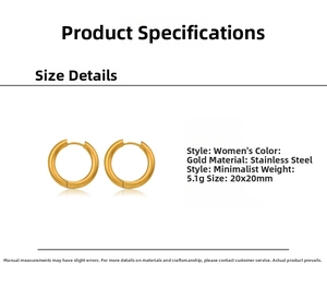 Detailed size specifications for 20x20mm minimalist gold stainless steel hoop earrings