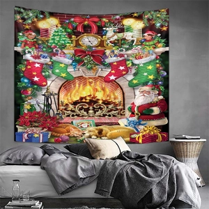 Detail of Christmas countdown calendar tapestry featuring a cozy fireplace scene and numbered pockets