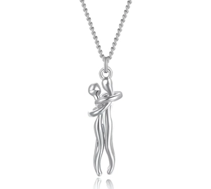 Polished silver hugging couple pendant necklace with minimalist artistic design and link chain