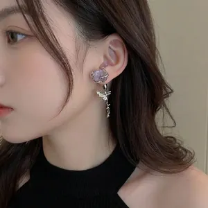 Purple Amethyst Rose Flower Earrings With 925 Sterling Silver Earring Post Retro Gothic Style Jewelry For Women