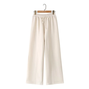 Damenhose mit weitem Bein in Apricot, elastischem Kordelzug und vertikaler Bügelfalte
