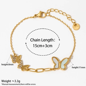 Gold stainless steel butterfly bracelet with zircon stones and white shell inlay detail