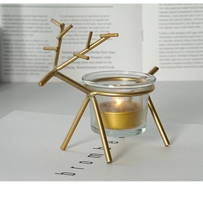 Nordic metal deer candle holder detail shot, minimalist desktop home decoration ornament.