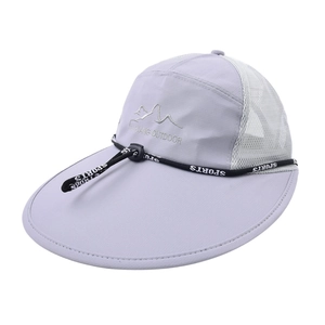 Detail view of purple fishing hat featuring breathable mesh panels and adjustable wind cord
