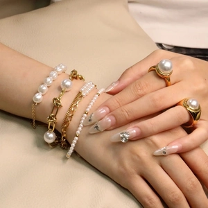 Elegant 18K gold plated stainless steel pearl bracelet and rings set for women