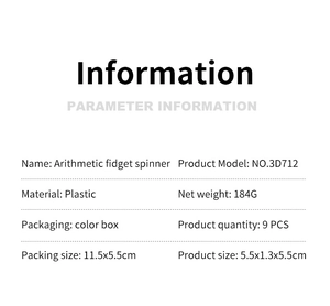 Specifications of a 9-piece arithmetic fidget spinner set in a color box for kids