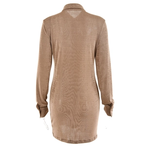 Detailed back view of a khaki long-sleeved knitted dress with buttoned cuffs and collar