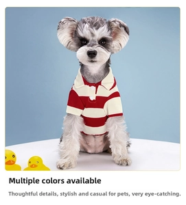 Detail of red and white striped pet polo shirt with classic collar and two white buttons
