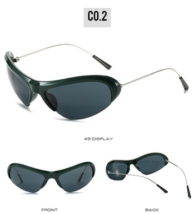 Three views of dark green oversized cat-eye sunglasses with slim silver metal temples