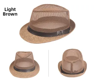 Three-view display of light tan mesh jazz hat with leather belt and metal buckle detail