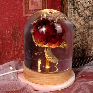 Preserved red rose in resin dome with gold flakes and LED wooden base with USB cable