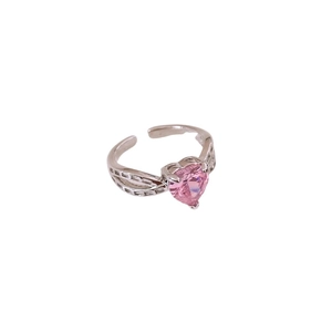 Elegant adjustable silver ring with sparkling pink heart-shaped zircon gemstone