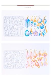 DIY silicone molds for geometric resin earrings showing clear molds and finished jewelry