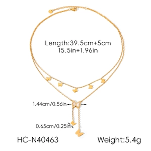 Detailed size map of double-layer stainless steel butterfly necklace with length and weight
