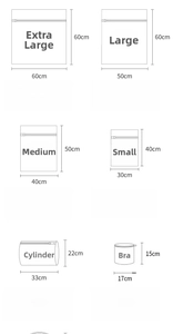 Size chart for thickened laundry mesh bags showing dimensions for various clothing types