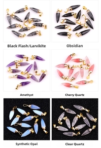 Detailed set of six crystal bullet pendants featuring gold plated caps and natural textures