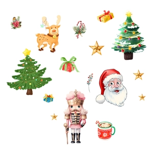 Detailed watercolor Christmas wall stickers set featuring Santa, nutcracker and reindeer