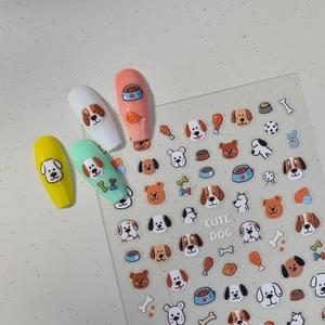 5D embossed cute dog nail art stickers featuring cartoon puppies and paw designs