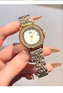 Detailed view of women's Gedi watch featuring crystal bezel and two-tone metal strap