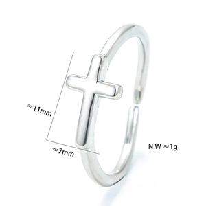 Detail view of silver adjustable cross ring showing 11mm height and 1g weight specs