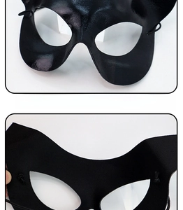 Detail of black cat mask showing glossy PU leather front and matte fabric back textures