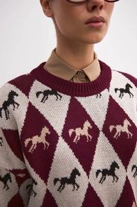 Close-up of knit sweater featuring vintage argyle and horse jacquard pattern details
