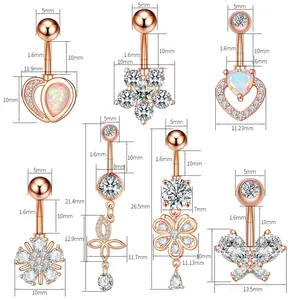Detailed dimension guide for zircon belly rings showing rod length and charm sizes