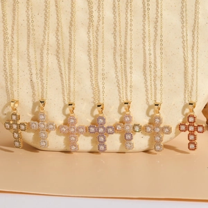 Vintage Cross Pendant Necklace Gold Plated Copper With Sparkling Multi Color Zirconia Elegant Jewelry Gift For Women