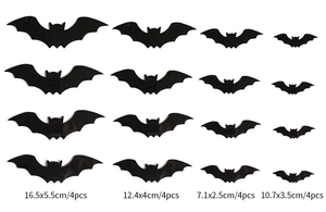 Detaillierte Größenübersicht für 16 Stück 3D-PVC Halloween Fledermaus Wandaufkleber Set