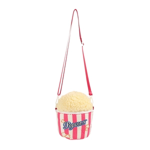 Cute popcorn bucket shaped plush kids backpack with pink vertical stripes and shoulder strap