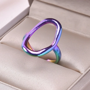 Detailed close-up of a rainbow vacuum-plated hollow ring in a beige jewelry box