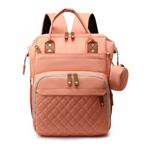 Mochila para pañales rosa de gran capacidad con detalles acolchados y porta biberón