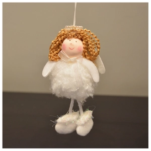 Close-up of plush Christmas angel hanging ornament with white faux fur and wings