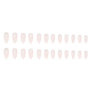 Glossy nude pink almond press-on nails with delicate rhinestone accents on tips