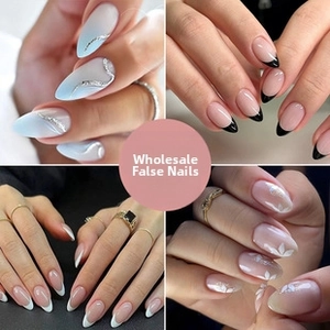 Collage of four short almond press-on nails featuring French tips and blue ombré designs