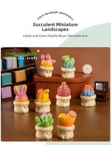Detailed close-up of 8 miniature resin succulent figurines with cute expressions for desktop decor