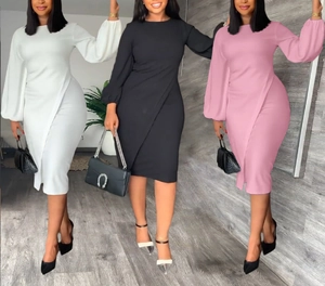 Detailed knit texture and sleeve design of slim-fit lantern sleeve midi dresses