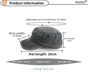 Detail view of adjustable washed cotton military cap with size measurements and weight