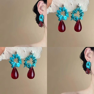 Bohemian Vintage Water Drop Dangle Earrings With Blue Stone Red Crystal And Silver Earring Post
