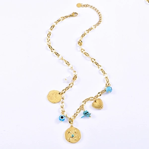 Golden titanium steel necklace with ocean shells, evil eye beads, and turquoise pendant