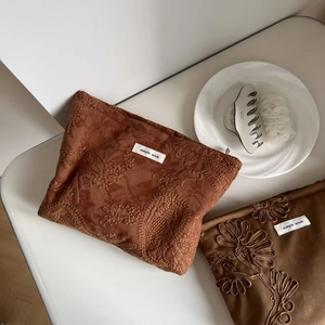 Vintage embroidery suede makeup bags in camel brown with floral patterns by Simple Wish