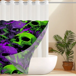 Detail of neon green and purple skull shower curtain with waterproof polyester fabric