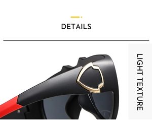 Macro detail of lightweight matte black sport sunglasses with vibrant red temple tips