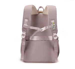 Detail of the ergonomic S-shaped straps and breathable back panel on the purple backpack