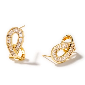 Fashionable gold-plated twisted bow earrings featuring sparkling rectangular cubic zirconia