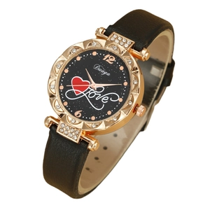 Elegant black leather watch for women with golden rhinestone case and red heart dial