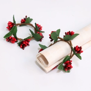 Christmas Artificial Red Berry Napkin Rings Holiday Table Decor Mini Satin Leaf Candle Ring Holders For Xmas Decoration