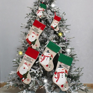 Christmas Stockings Linen Burlap Knitted Cuff Santa Claus Snowman Hanging Ornaments Holiday Party Decor